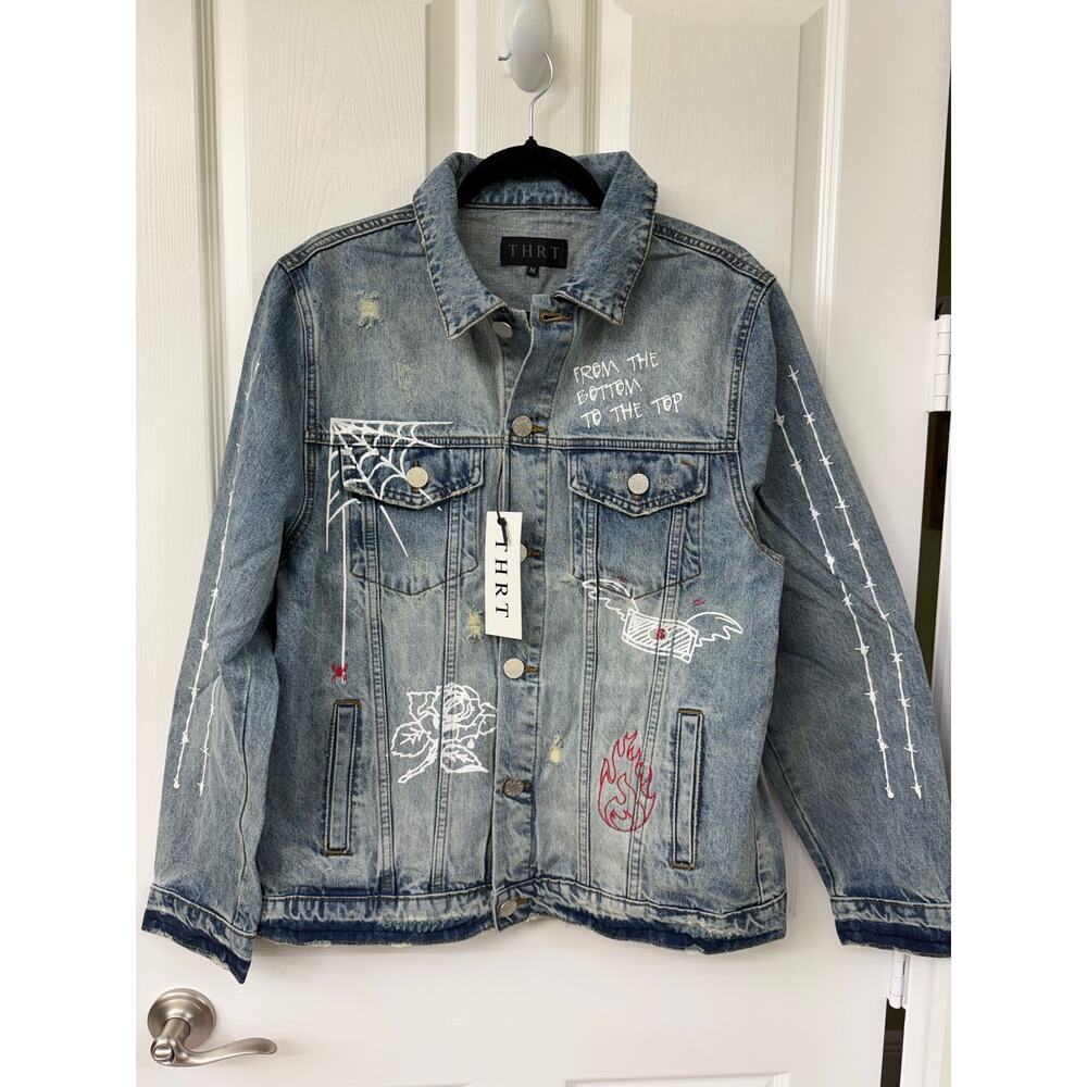 THRT Men’s Size Medium Light Blue Graffiti Distressed Jean Jacket Rare NWT